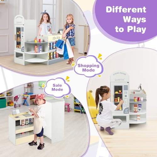 Honey Joy Kids' Market: Wooden Supermarket Playset with Cash Register and Vending Machine – Gray
