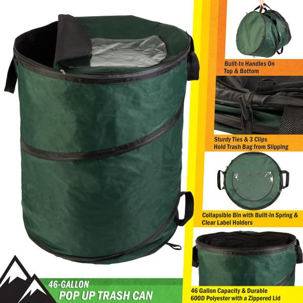 Trash Battle Bag: 46-Gallon Eco-Friendly Pop-Up Trash Can for Outdoor Adventures and Cleanups - Wakeman Outdoor Collapsible Garbage Bin with Stakes - Green