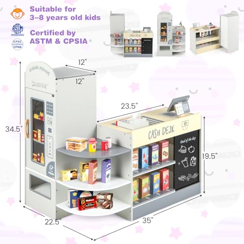 Honey Joy Kids' Market: Wooden Supermarket Playset with Cash Register and Vending Machine – Gray
