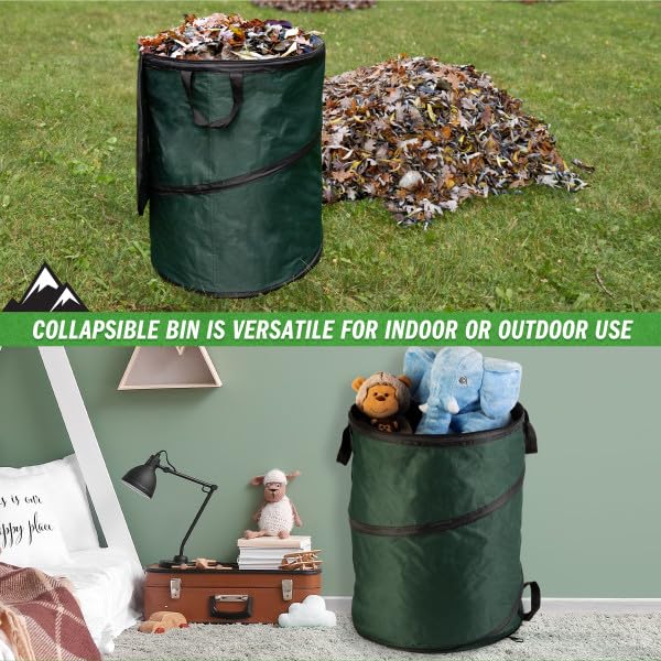 Trash Battle Bag: 46-Gallon Eco-Friendly Pop-Up Trash Can for Outdoor Adventures and Cleanups - Wakeman Outdoor Collapsible Garbage Bin with Stakes - Green