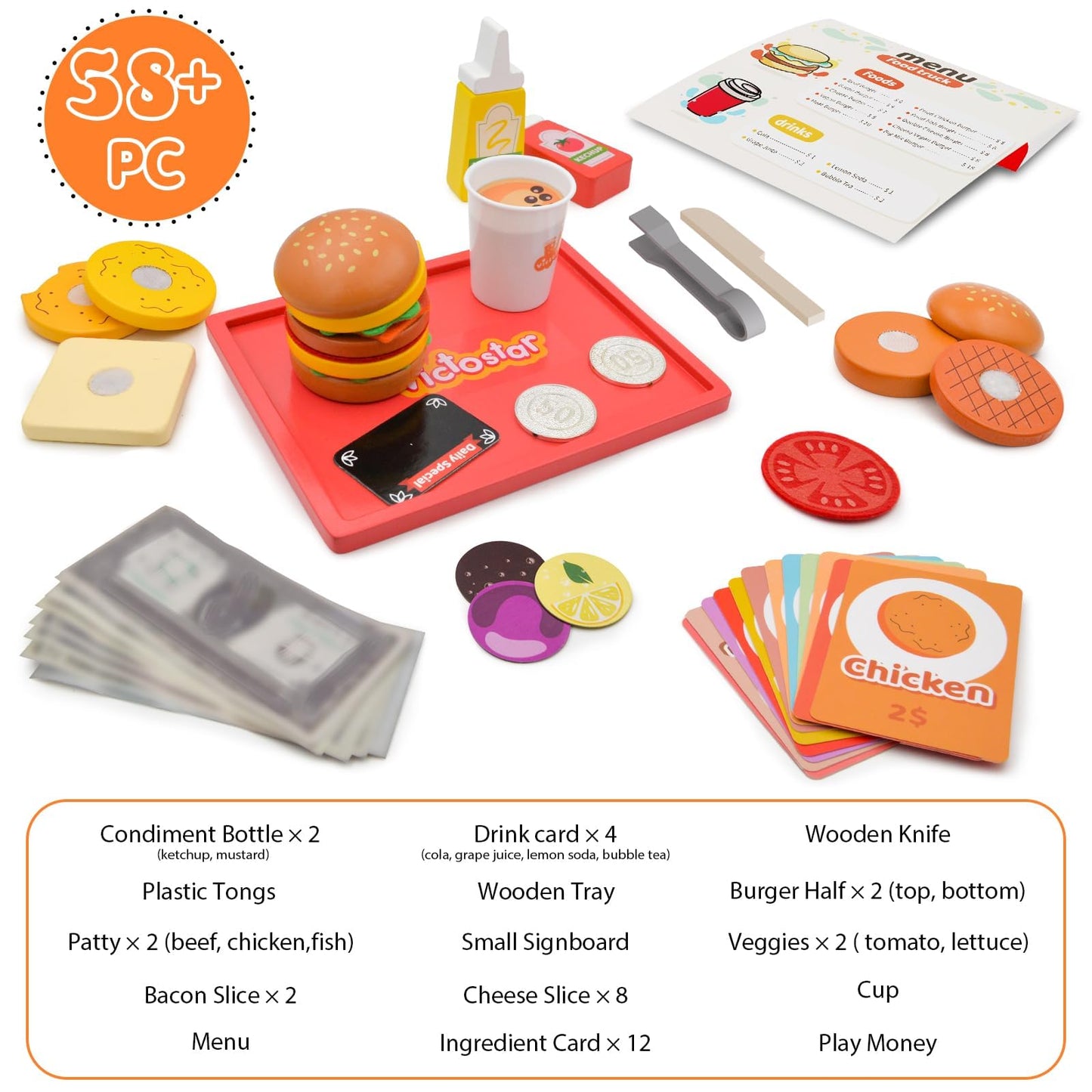Victostar Wooden Sandwich Shop: 58-Piece Slice & Stack Play Food Set for Boys and Girls