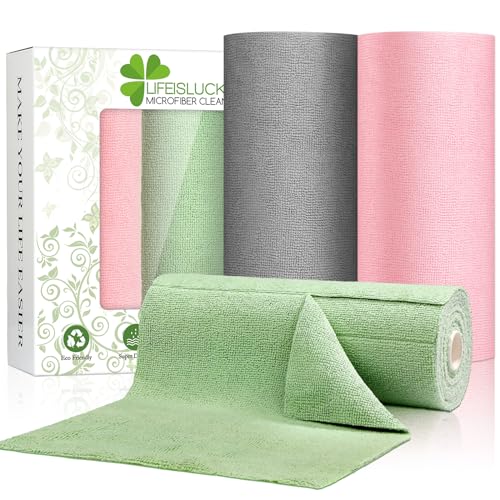 LifeisLuck 3 Colors Microfiber Cleaning Cloth Roll, 84 Pack Tear Away Towels Rags Cleaning Cloths Reusable Paper Roll Washable Microfiber Towels for Car House Drying Dishes Kitchen Garage